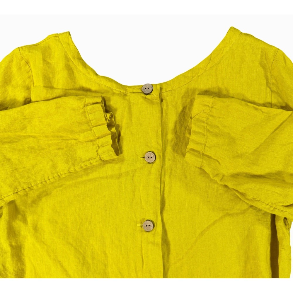 Nicole Miller 100% Linen Button Back Blouse Women Large Citron Yellow 3/4 Sleeve